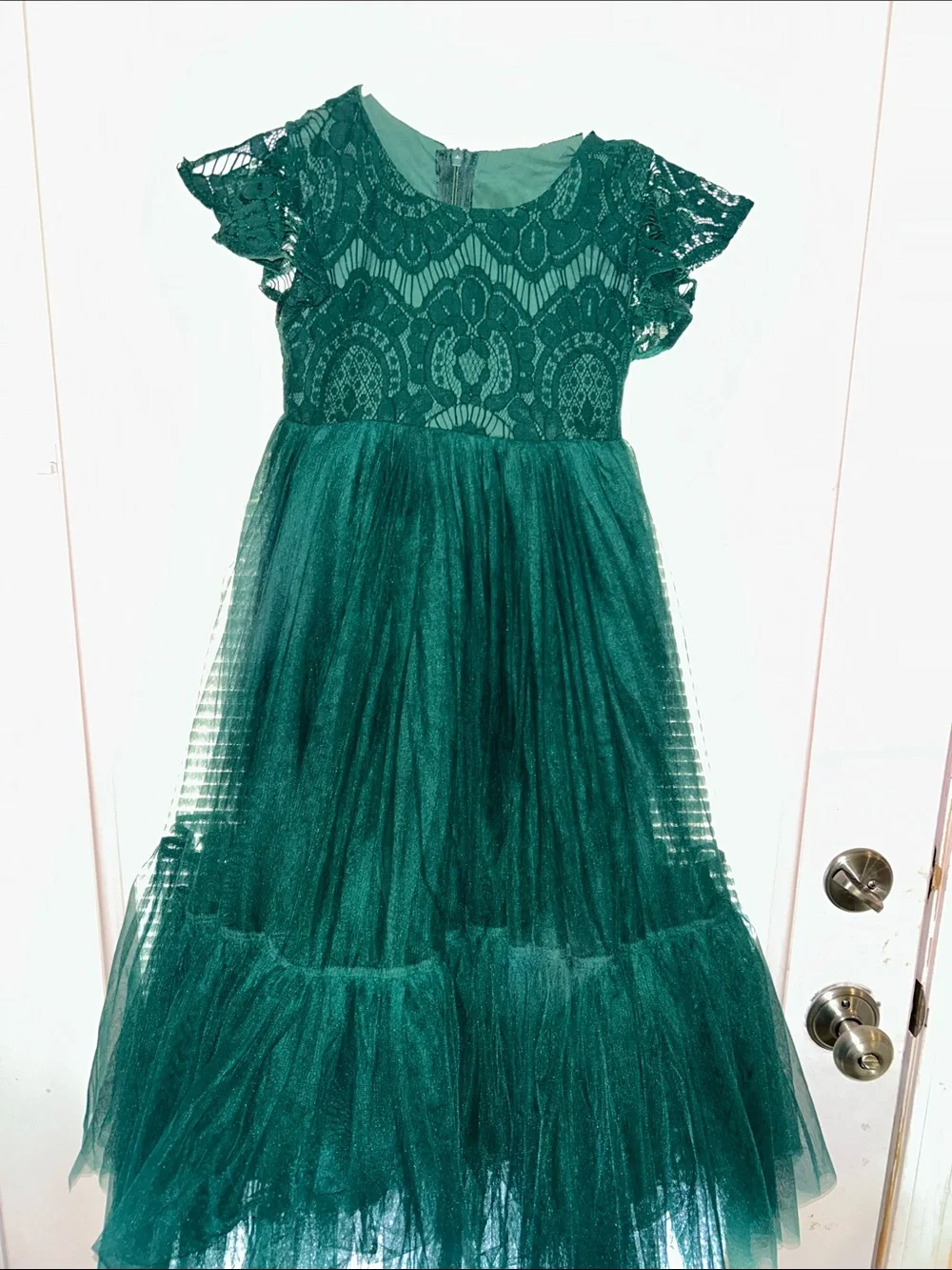 Girls' Emerald Green Lace Bodice & Tulle Skirt Formal Dress